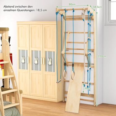 Скалодром COSTWAY, для дітей та дорослих, дерев&39яна гімнастична стінка, лазілка для приміщень, вкл. турнік/кільця/трапецію/мотузкові сходи/канат, вантажопідйомність до 100 кг, 220 x 80 x 60 см