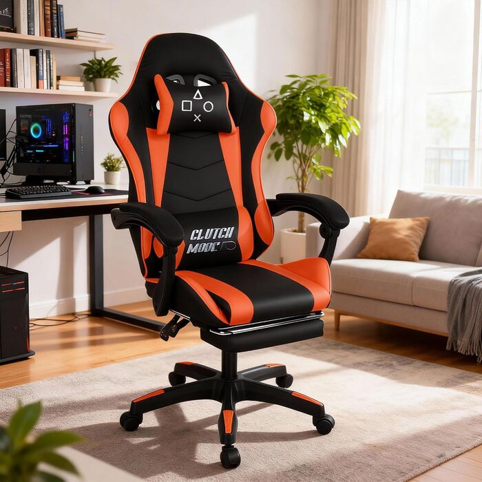 Ергономічне ігрове крісло FRANKYSTAR Clutch, офісне крісло з поперековою подушкою, підголівником та підставкою для ніг з ПВХ, чорного та червоного кольорів