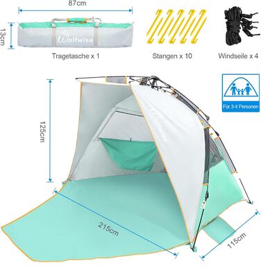 Пляжний намет WolfWise з функцією швидкого встановлення для 3-4 осіб захист від ультрафіолету 50, водовідштовхувальний, приватний простір із дверима на блискавці та сітчастими вікнами, портативний пляжний намет для сім&39ї та кемпінгу, м&39ятно-зелений, 3