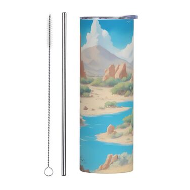 Кухоль з прямою трубочкою, 590 мл, дизайн оазис у пустелі, дорожній кухоль з принтом, підходить для кемпінгу, офісу та дому