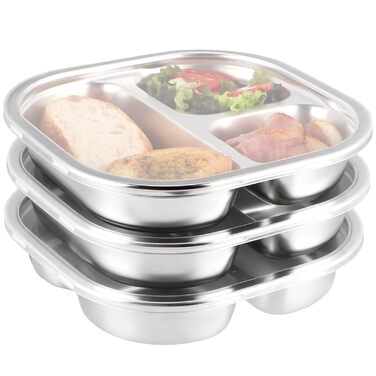 Набір з 3 нержавіючих тарілок з розділеннями та кришками, маленькі 3-секційні підноси для їжі, порційний контроль для дієти, шкільних обідів, домашньої їжі, пікніків та походів