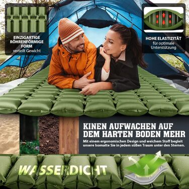 Килимок для кемпінгу HIKENTURE для 2 осіб, подвійний килимок для сну, надлегкий, надувний повітряний матрац, невеликий розмір упаковки з мішком-насосом, компактний килимок для сну, килимок для кемпінгу для активного відпочинку, походів, пляжу - зелений
