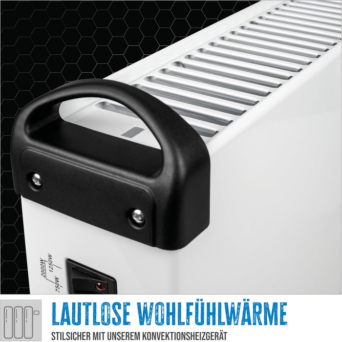 Конвекційний обігрівач Gde GKH 2000 (потужність нагріву 2 кВт, 3 рівні нагріву (0,75/1,25/2 кВт), безступінчастий термостат, максимальна продуктивність обігріву приміщення 45 м, безшумний конвекційний обігрів, захист від перегріву, ручки для перенесення)