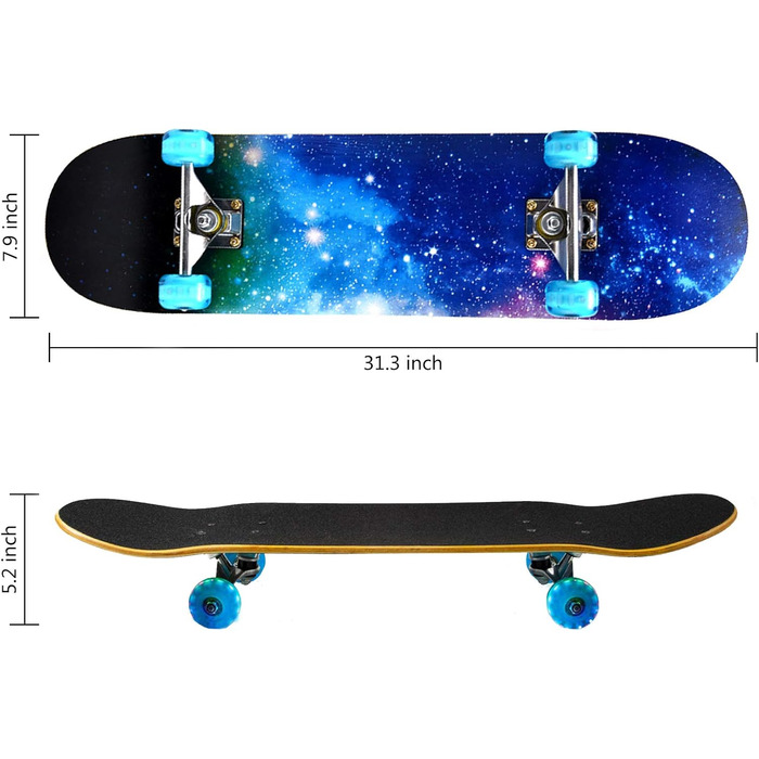 Повний скейтборд Rampage Plain Third 78.7 x 20.3 см - 7-шарова дека з канадського клена, Double Kick увігнута, ABEC-3 підшипники, 50 мм PU колеса, для дітей, підлітків та дорослих, синій дизайн