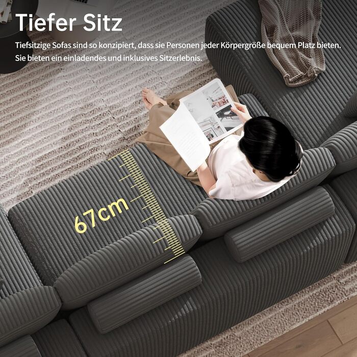 Секційні дивани DURASPACE Cloud для вітальні, модульний U-подібний диван з глибоким сидінням, диван-ліжко з вельвету з піною з ефектом пам&39яті, не потребує складання (сірий) Темно-сірий