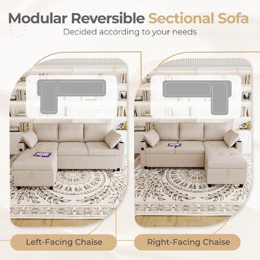 Диван-ліжко 3-в-1, Розкладний шезлонг-диван, Шкіряний диван-ліжко з місцем для зберігання, USB-портами та підставками для чашок, Розкладний диван для вітальні та квартири, Бежевий