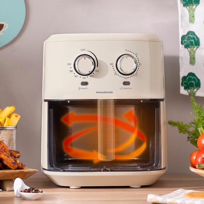 Фритюрниця InnovaGoods Vintage 6.5 л, фритюрниця 1700 Вт з 100 рецептами в DE Фритюрниця з вікном, кошиком з антипригарним покриттям, таймером і потоком повітря на 360, фритюрниця ідеально підходить для 4-6 осіб. Колір кремовий.