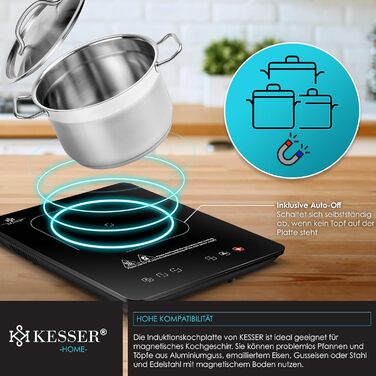 Індукційна варильна поверхня KESSER Індукційна варильна поверхня 1 тарілка 2100 Вт портативна 28 см 3 тканини з мікрофібри книга рецептів, 9 налаштувань нагріву, 8-годинний таймер, сенсорне керування, функція бустера 220-240 В Конфорки - 1