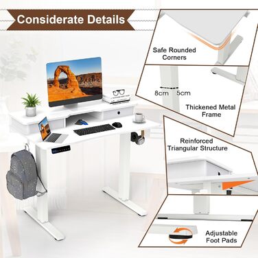 Письмовий стіл з регульованою висотою, електричний стіл для роботи стоячи з підставкою для монітора, 2 шухляди, 2 гачки, невеликий комп&39ютерний стіл з регульованою висотою від 73 до 122 см, для навчання та офісу (білий)