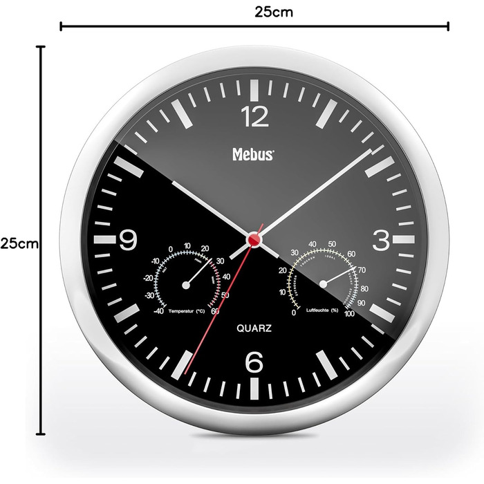Кварцовий настінний годинник Mebus з термометром і гігрометром / срібна рамка / чорний циферблат / діаметр 25 см / круглий / модел