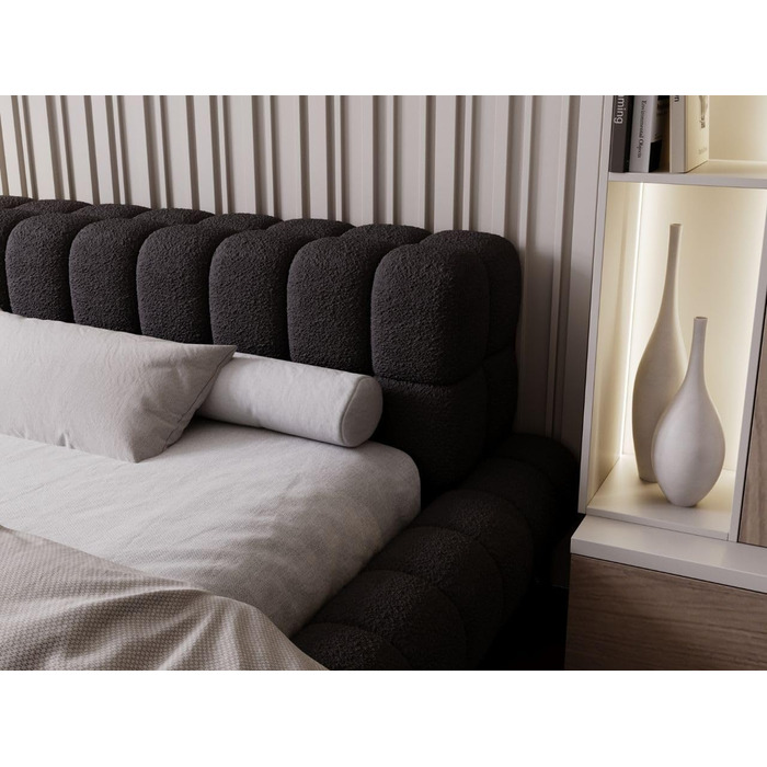 Уявіть собі ліжко 180x200, М&39яке ліжко без місця для зберігання, М&39яке ліжко з металевими ніжками, Тканина букле, з рейковою основою, з узголів&39ям, без матраца (Чорний, 180x200) Чорний 180x200