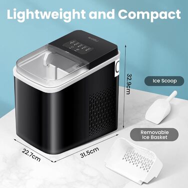Машина для виробництва кубиків льоду WOLTU, 15 кг/24 години, 9 кубиків льоду за 7 хвилин, резервуар для води 1,4 л, 2 розміри кубиків льоду, світлодіодний екран, функція самоочищення, льодогенератор з прозорою кришкою, чорний 1,4 л чорний