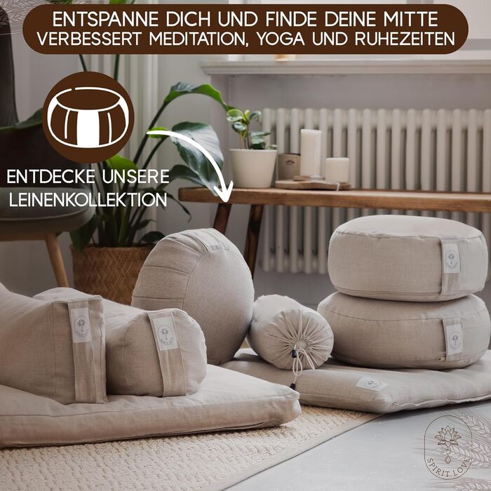 Льняний валик для йоги Spirit Love Круглий валик для йоги з органічною гречаною лушпинням Валик для шиї з чохлом, який можна прати Ідеально підходить як подушка для шиї 100 натуральний лляний круглий валик, безпечний для шкіри - 40x14 см