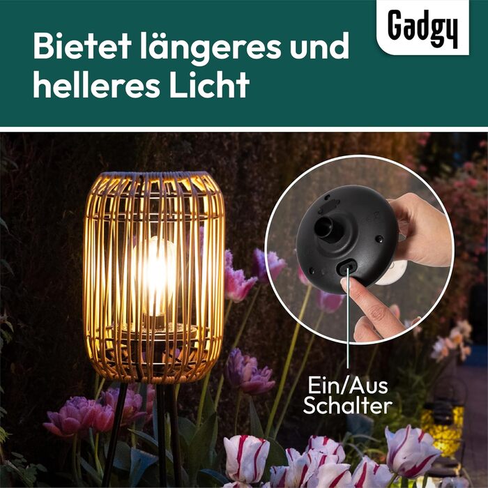 Вуличний світлодіодний сонячний торшер Gadgy - Водонепроникний садовий торшер - Сонячний балконний торшер для сталого освітлення - Світлодіодний зовнішній торшер-штатив - Сонячна лампа з натурального ротанга