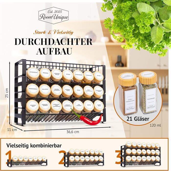 Підставка для спецій з баночками для спецій 21 банка (по 120 мл кожна) з бамбуковими кришками Етикетки Вставки для шейкера Лійка щіточка Металева підставка 36,62511 см Модульна з можливістю запису Маркер у комплекті