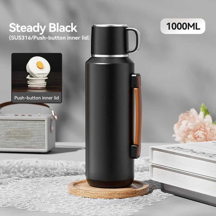 Термос Simcat 1000 мл, нержавіюча сталь 316, пляшка для пиття з нержавіючої сталі (зберігає напої протягом 24 годин), термокружка, ізольована кружка, ізольована пляшка з чашкою, окрема камера для чаю (чорний, 1000 мл) 1000 мл чорний