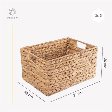 Прямокутний кошик для зберігання FRIHET, плетений з водяного гіацинта Коробка для зберігання з ручками Невеликий кошик для білизни, органайзер для гардеробу та багато іншого Різні розміри (, розмір 3) Розмір 3