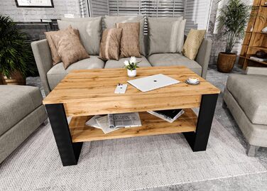 Журнальний столик з підйомною стільницею Стіл для вітальні з регульованою висотою та місцем для зберігання Сучасний чорний дубовий диванний столик Wotan з полицею та прихованим відділенням Журнальний столик для вітальні та офісу, чорний