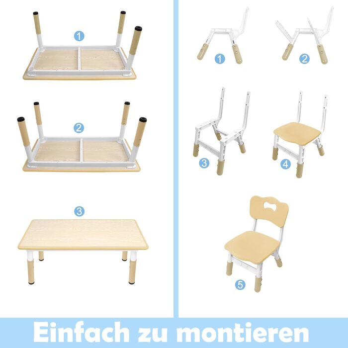 Дитячий стіл UISEBRT з 4 стільцями, Дитячий комплект сидіння з регульованою висотою для дітей від 2 років, Пластиковий комплект столів, Дитячі меблі для дитячого садка та дитячої кімнати (Колір дерева, 120 x 60 x 60 см) 120 x 60 x 60 см Колір дерева