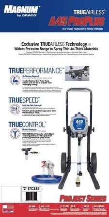 Безповітряний фарборозпилювач Magnum by Graco 17C245 A45 ProPlus, потужний мобільний апарат для великих приватних проектів (витрата 1,17 л/хв, максимальний тиск розпилення 207 бар)