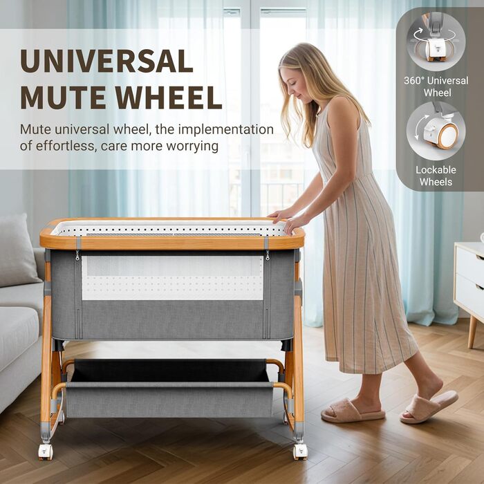 Дитяче ліжечко-тумбочка, дорожнє ліжечко 3-в-1, 6 регульованих рівнів висоти з матрацом та колесами з гальмами, підходить для дітей від 0 до 6 місяців, для дому та подорожей