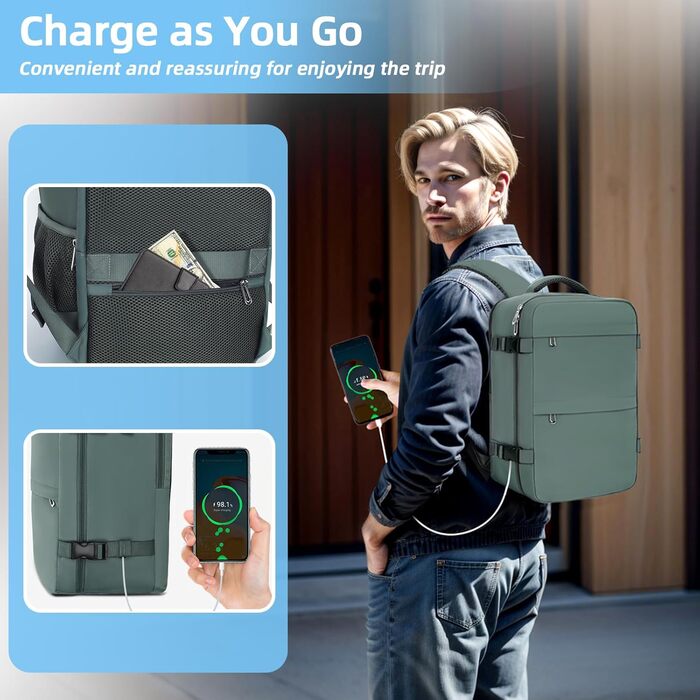 Дорожній рюкзак 20 л 40x20x25 см, ручна поклажа, сумісний з Ryanair/EasyJet, рюкзак для ноутбука 14 дюймів, легкий рюкзак для салону з відділенням для колясок, для бізнесу, навчання, подорожей - Зелений