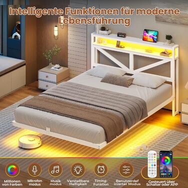 Плаваючий каркас ліжка 140x200 зі світлодіодним освітленням та зарядною станцією, Плаваючий каркас ліжка з узголів&39ям для зберігання, Металеве ліжко з металевою рейковою основою, Гостьове ліжко, Двоспальне ліжко, Дитяче ліжко - без матраца, 140 x 200 см