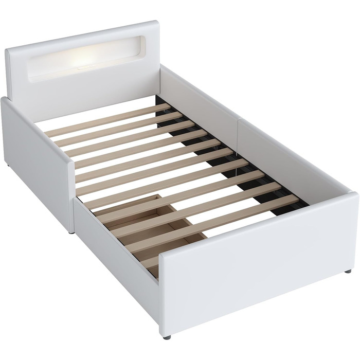 Молодіжне ліжко Dolaman Modern 90x200 см м'яке ліжко з основою, ліжко з рейковою рамою та місцем для зберігання, м'яке узголів'я з