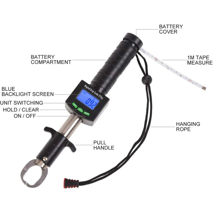 Тримач для риби Haofy, цифровий тримач для риби 3 в 1, 25 кг/55 фунтів, захоплювач для риби з рулеткою 1 м