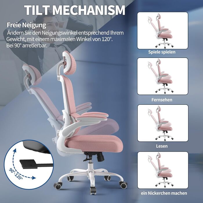Ергономічне офісне крісло TRALT - Офісне крісло з регульованою поперековою опорою та підголівником, Ігрове крісло - Офісне крісло - Крісло для столу, Крісло для домашнього офісу, Ергономічне, Вага вантажопідйомність 150 кг, для високих людей, Рожеве