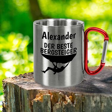 Персоналізована кружка з нержавіючої сталі з карабіном, приблизно 330 мл, подарунок для альпіністів, любителів гір, чоловіків та жінок - металева кружка з назвою - для кемпінгу на природі (Найкращий альпініст, червона ручка)
