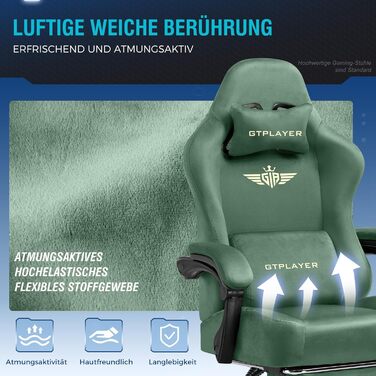 Ігрове крісло GTPLAYER, Дихаюче офісне крісло, Ергономічне офісне крісло, Високоякісна тканина, Ергономічне крісло для ПК, Регульована на 160 спинка та Розсувна підставка для ніг, Зелений оксамит