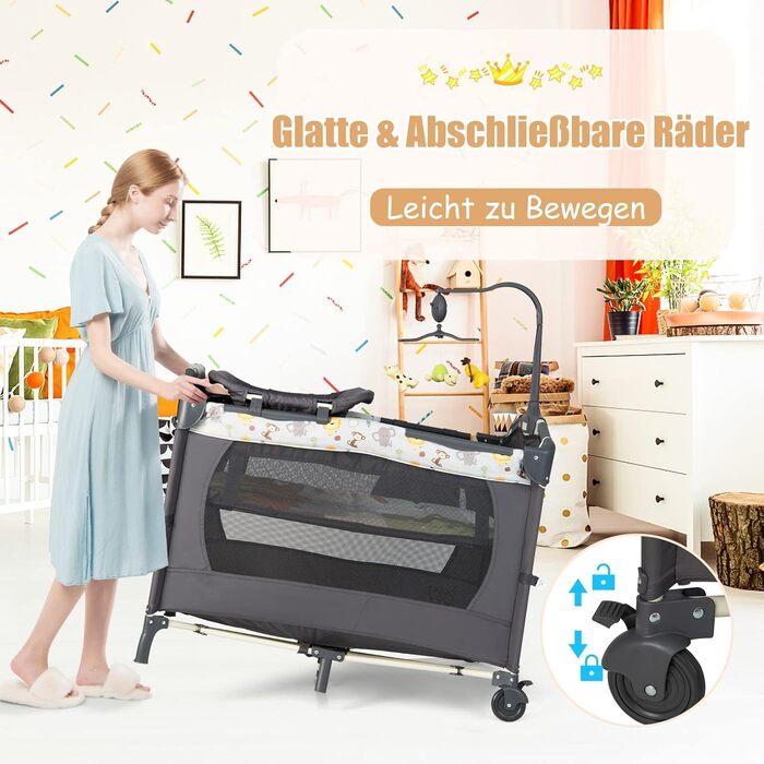 Складане дорожнє ліжечко DREAMADE 4-в-1, дитяче ліжечко з регульованою висотою та пеленальний столик, приліжкове ліжко з сумкою для перенесення, для дітей 0-36 місяців, темно-сіре