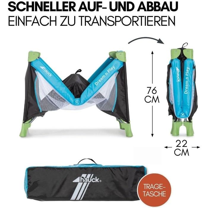 Дитяче ліжечко Hauck Dream N Play XXL з матрацом, сіткою від комах, підстилкою та простирадлом на ремені - Складане дитяче ліжечко з сумкою - Водяний блакитний