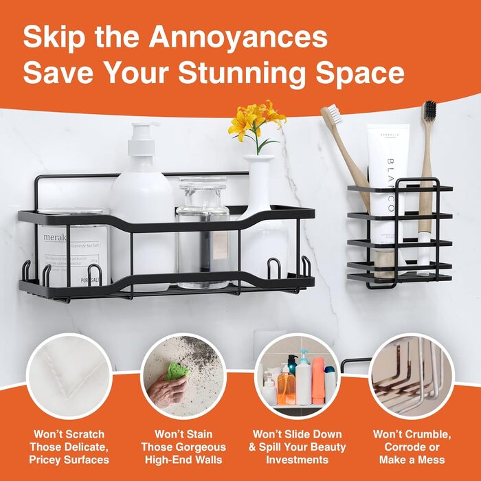 Полиця для ванної кімнати Tribal Cooking, піддон для душу, органайзер для підвісного кошика, чорна, дуже велика полиця для душу - Набір Athena Silken Black 4 - місткість 18 кг, стрічка PowerHold Tape - в комплекті 2 мочалки з люфи