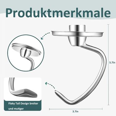 Гачок для тіста UAPPO для Kitchenaid 4.5-5QT Гачок для тіста з нержавіючої сталі Підставка для кухні Міксер Насадка Посудомийна машина Безпечні запасні частини Гачок для хліба KSM150 K45 K45SS KSM75 KSM175 Заміна