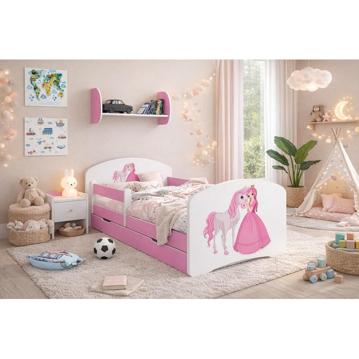 Дитяче ліжко Happy Babies Дитяче ліжко Happy Babies із захистом від падіння та висувною шухлядою Ліжко для дівчаток 160x80 з матрацом 80 x 160 Біла троянда Ліжко принцеси Ксієнжничка З Конікам