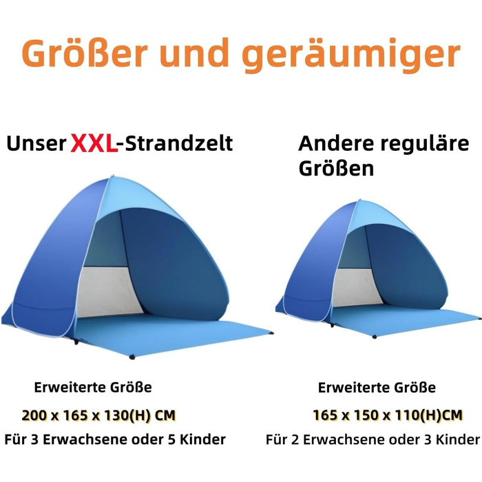 Розкладний пляжний навіс XXL із захистом від ультрафіолету 50, сонцезахисний навіс для 3-5 осіб, більший розкладний пляжний навіс 200x165x130 см, коричневий