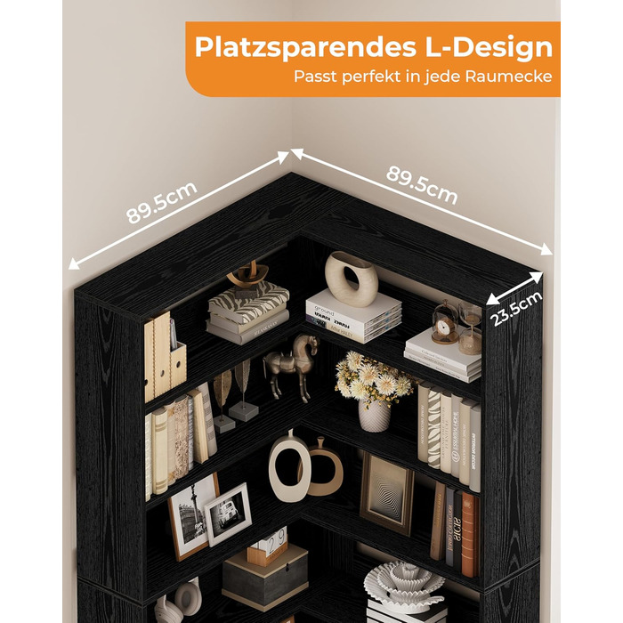 Книжкова полиця IRONCK, 6 ярусів, кутова полиця, висота 180 см, окремостояча дерев&39яна L-подібна відкрита полиця, полиця для зберігання речей для кабінету, офісу, вітальні, спальні (чорна)