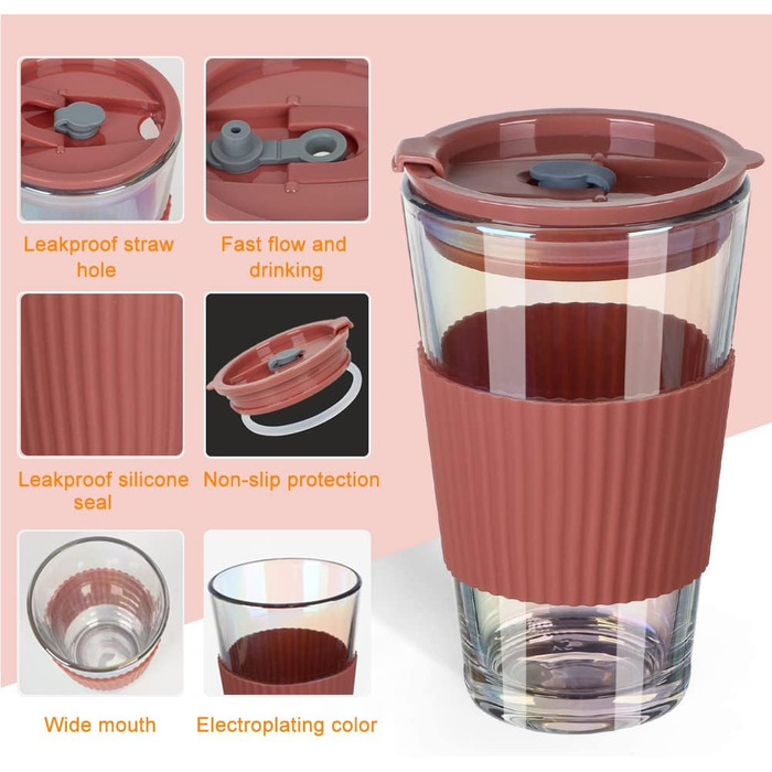 Скляні чашки UHAPEER 450 мл Набір з 2 шт. , Чашки для смузі на винос, Чашки для пиття з бризкозахищеною кришкою та соломинкою, Дор