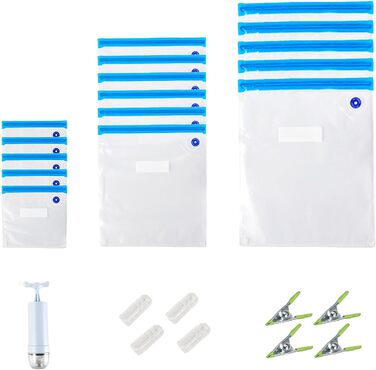 Вакуумні пакети для харчових продуктів набір вакуумних мішків, багаторазові вакуумні пакети з 1 ручним насосом, вакуумні пакети без BPA, пакети для вакуумного пакування Пакети Sous Vide Set (22x21 см * 5 26 x 28 см * 5 30 x 34 см *5), 15 шт.