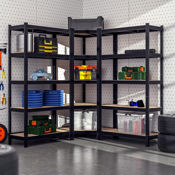 Комплект із 3 кутових стелажів Monzana, міцний, вантажопідйомність 2625 кг, 15 полиць з МДФ, полиця для зберігання, полиця для підвалу, стелаж без ригелів, полиця для майстерні, система стелажів, чорний