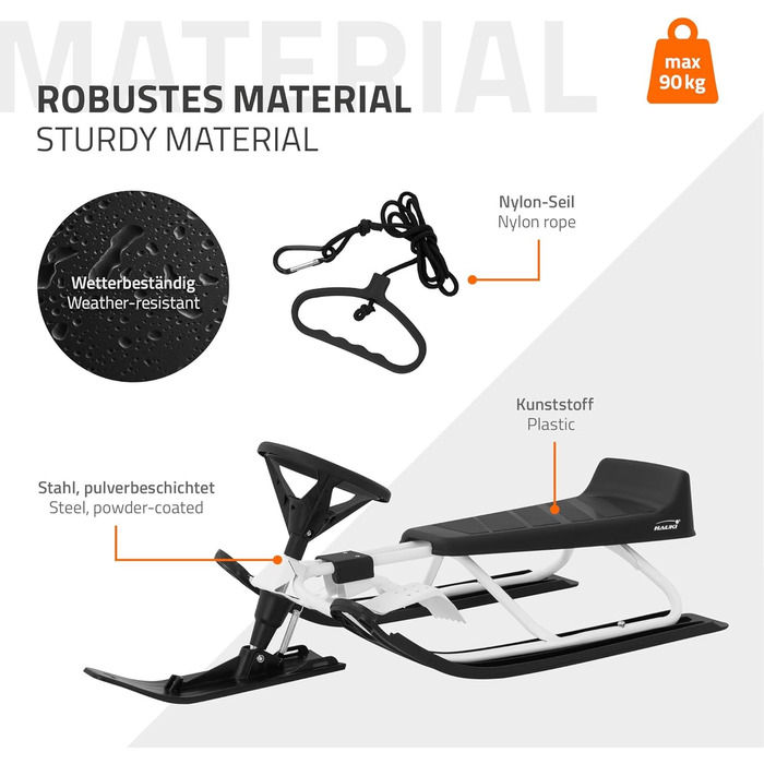 Німеччина Санки з кермом, дитячі санки від 5 років, скібоб для дітей та дорослих до 90 кг, санки з кермом, ножні гальма, тяговий т