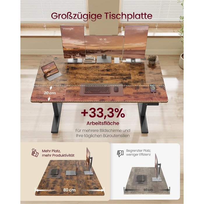 Стіл VASAGLE з регульованою висотою, 140 x 80 см, порт USB-C, подовжувач для зберігання, стіл для роботи стоячи, нагадування про тривале сидіння, 3 кнопки пам&39яті, для офісу, вінтажний коричневий LSD144KD02 140 x 80 см вінтажний коричневий