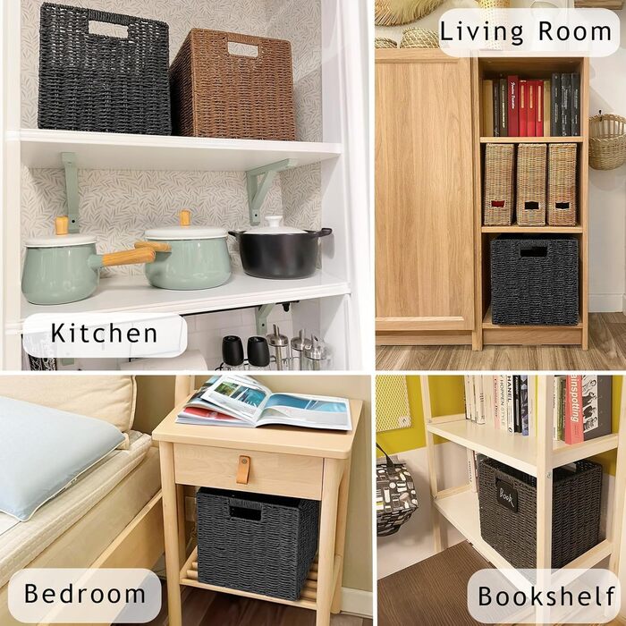 Кошик для зберігання, складний кошик, плетений з паперу водяного гіацинта, полиця-кошик Kallax куб 28 см, декоративний плетений кошик ручної роботи для ванної кімнати, вітальні, спальні, 28x28x28 см, чорний