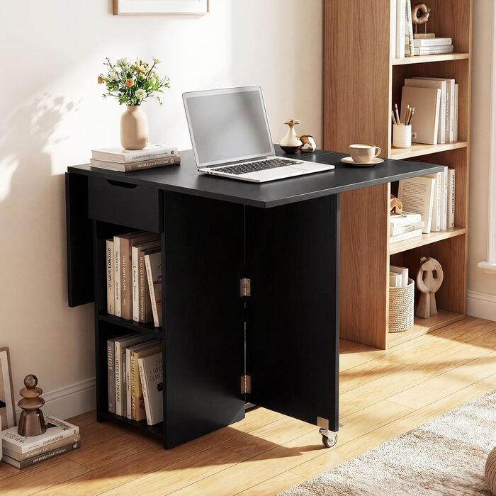 Розкладний обідній стіл COSTWAY, кухонний стіл на колесах, шухляда та 2 полиці, розкладний стіл для 2-4 осіб, обідній стіл для невеликих приміщень, їдальня, кухня, 120 x 72 x 75 см (чорний) чорні колеса з поліуретану