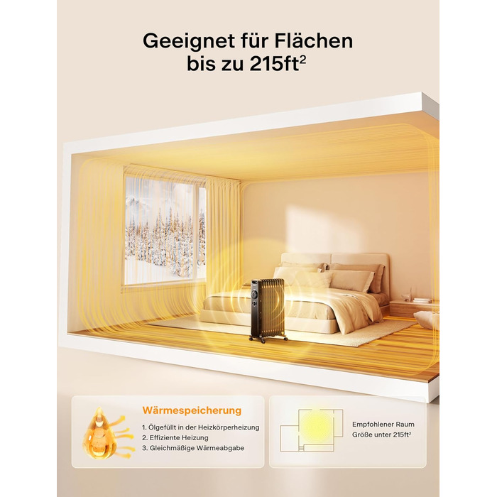 Масляний радіатор PELONIS потужністю 2300 Вт з J-подібними ребрами, масляний нагрівальний елемент з 3 режимами нагріву та термостатом, тихий електричний обігрівач із захистом від перекидання, енергоефективний клас А для спальні, вітальні, офісу, 11 ребер,