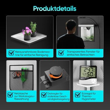 Комплект для вирощування Growzelt з LED-лампою повного спектру M1500, намет для вирощування 80x80x160 см, вентиляційна система 215 CFM (3000 об/хв) з тихим та ефективним вентилятором (4 швидкості), комплект для гідропоніки та вирощування в приміщенні M150