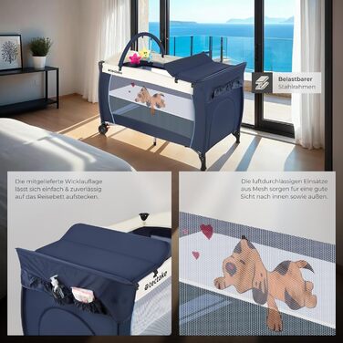 Дитяче ліжечко tectake Baby Travel Cot, дитяче ліжечко, регульоване по висоті ліжечко з матрацом та сумкою для перенесення, дитяче ліжко, дорожнє ліжечко, портативне приліжкове ліжечко для немовлят - 132 x 75 x 104 см - темно-синій, синій, з малюком собак