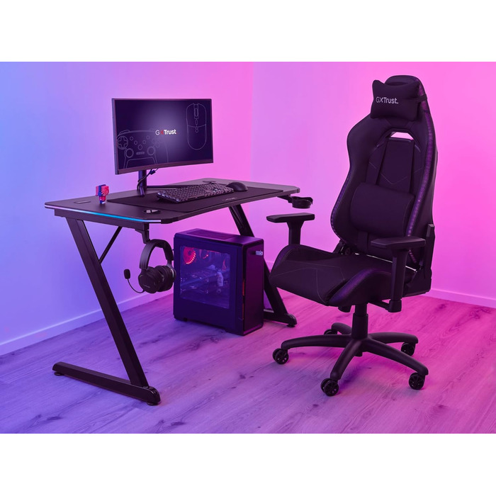 Ігровий стіл Trust Gaming GXT 710 Luminus Pro 120x60 з RGB LED, вбудованим бездротовим зарядним пристроєм 10 Вт, 10 колірними режимами, ігровий стіл з підсклянником, гачком для навушників - чорний 120x60 см - Pro Edition Black